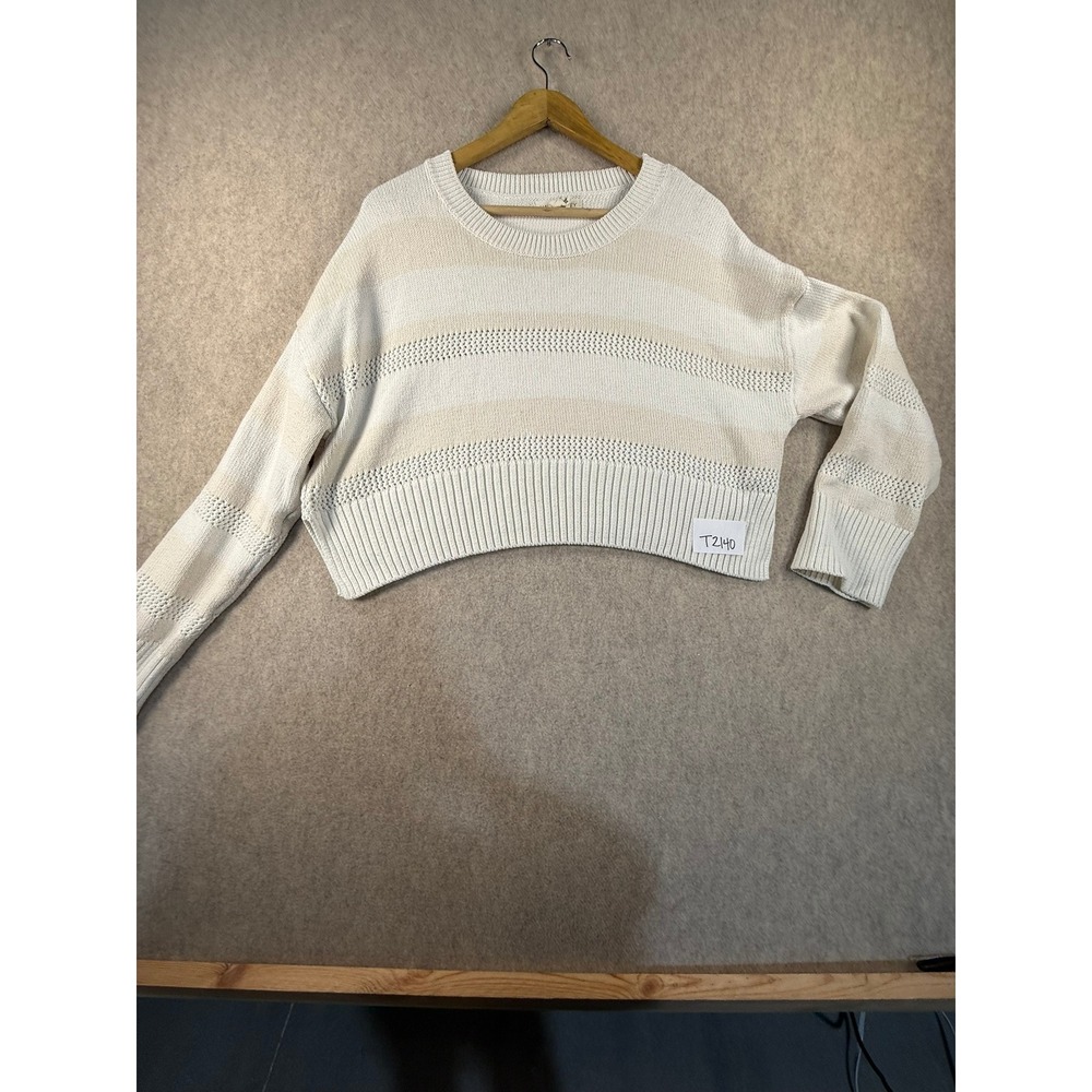 Happily Grey Womens Large Cropped Striped Knit Sweater Cream Tan Long Sleeve L